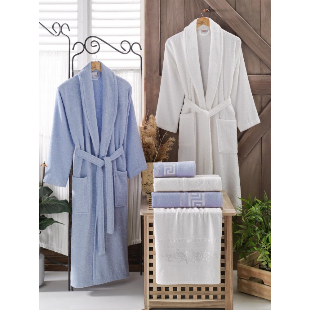 Σετ Μπουρνούζια 6τμχ με κέντημα Βαμβακερό Family Γαλάζιο - Λευκό BOXF126