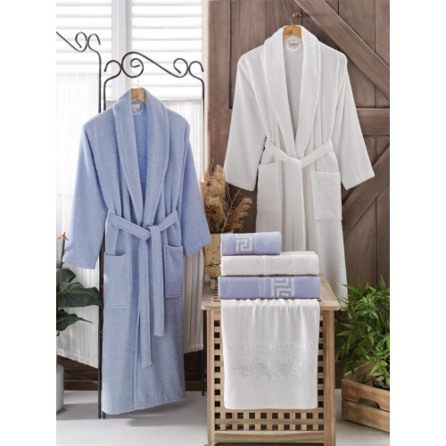 Σετ Μπουρνούζια 6τμχ Βαμβακερό Family Γαλάζιο - Λευκό BOXF126