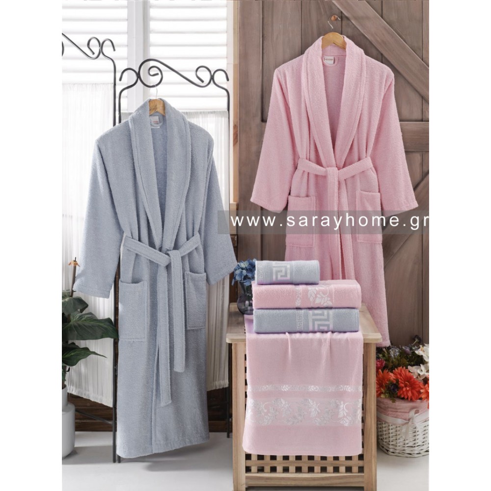 Σετ Μπουρνούζια 6τμχ Βαμβακερό Family Γκρι - ροζ BOXF127 Σετ Μπουρνούζια 6τμχ Βαμβακερό Family Γκρι - ροζ BOXF127