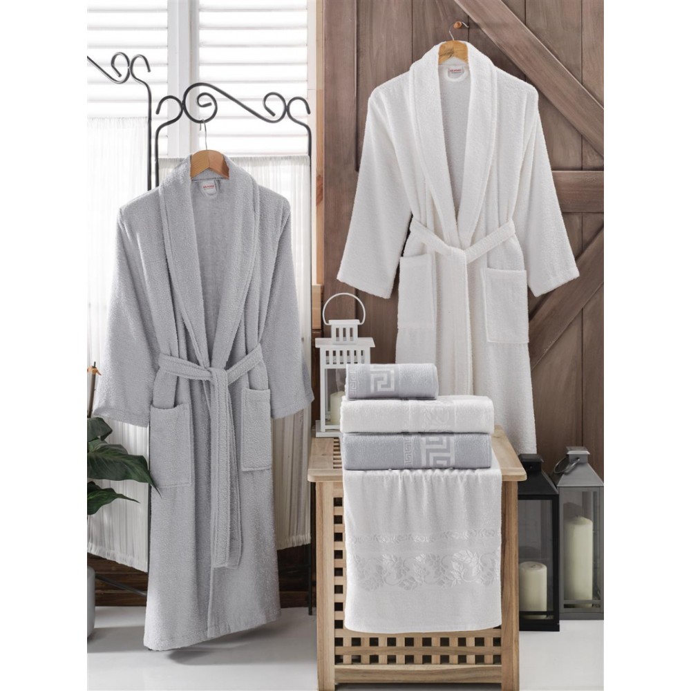 Σετ Μπουρνούζια 6τμχ Βαμβακερό Family onesize Γκρι - λευκό BOXF135 Σετ Μπουρνούζια 6τμχ Βαμβακερό Family onesize Γκρι - λευκό BOXF135