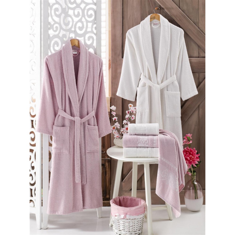 Σετ Μπουρνούζια 6τμχ Βαμβακερό Family onesize Πούδρα - Λευκό BOXF136