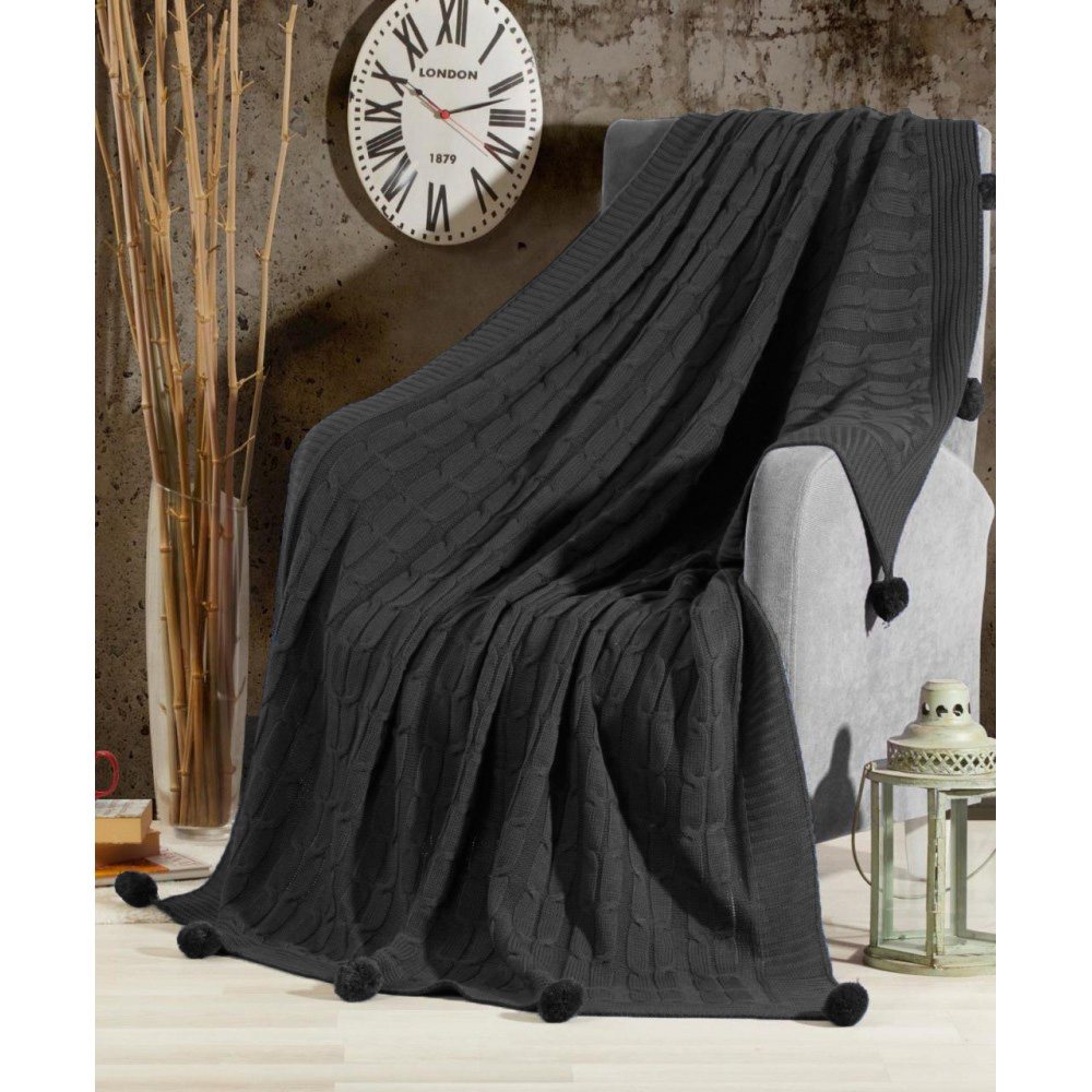 Πλεκτή κουβέρτα - ριχτάρι με πομ πον (150x210cm) KNT-28BLC - μαύρο