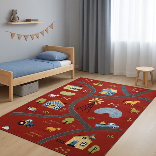 Παιδικό Χαλί-Πατάκι 3D Farm Adventure P185A 80X150cm - Κόκκινο