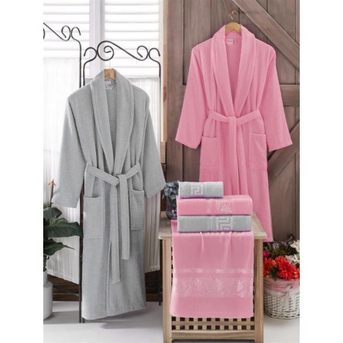 Σετ Μπουρνούζια 6τμχ Βαμβακερό Family Γκρι - Ροζ BOXF146 Σετ Μπουρνούζια 6τμχ Βαμβακερό Family Γκρι - Ροζ BOXF146