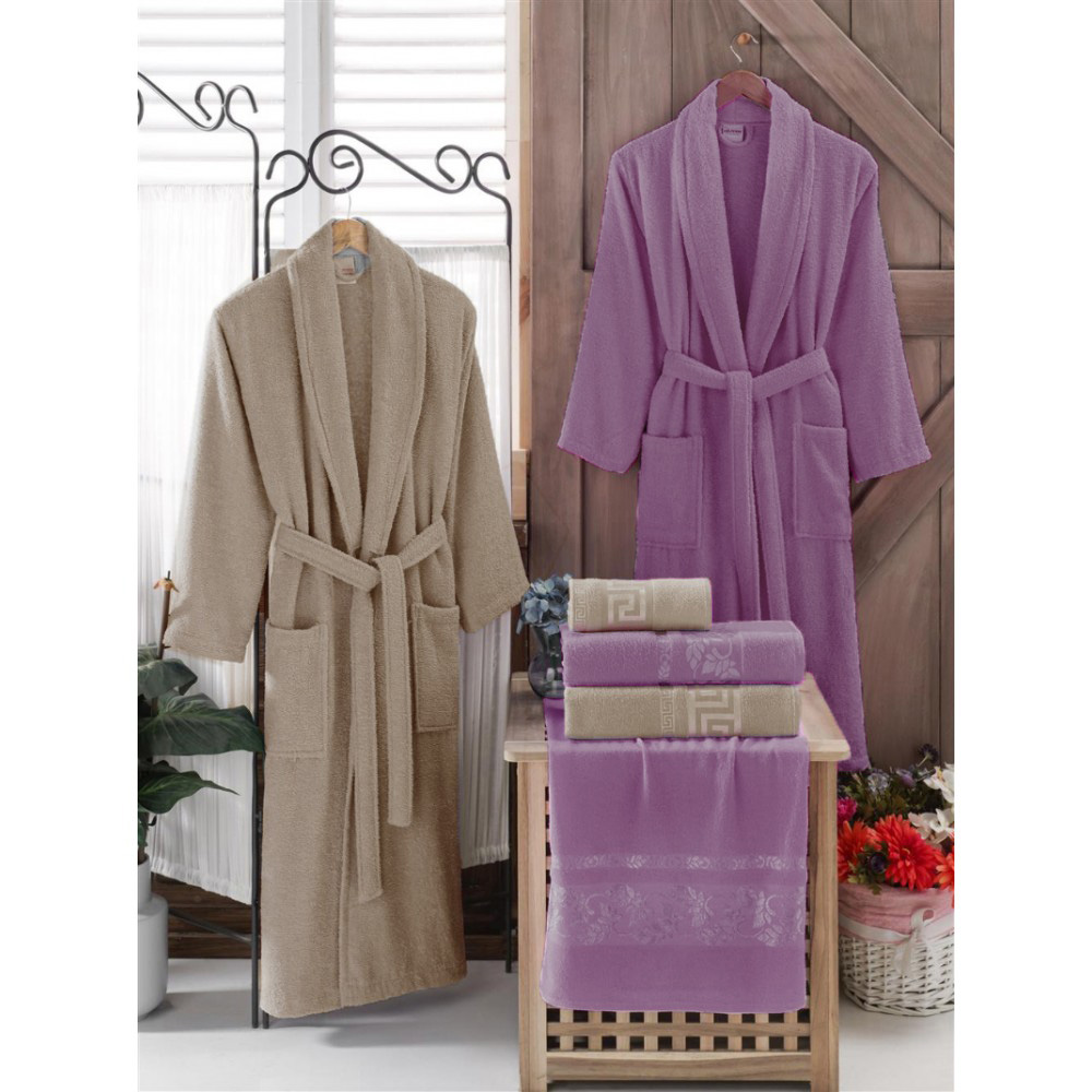 Σετ Μπουρνούζια 6τμχ Βαμβακερό Family onesize Μπεζ- σκούρο μωβ BOXF129