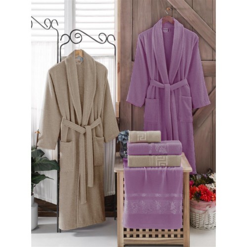 Σετ Μπουρνούζια 6τμχ Βαμβακερό Family onesize Μπεζ- σκούρο μωβ BOXF129 Σετ Μπουρνούζια 6τμχ Βαμβακερό Family onesize Μπεζ- σκούρο μωβ BOXF129