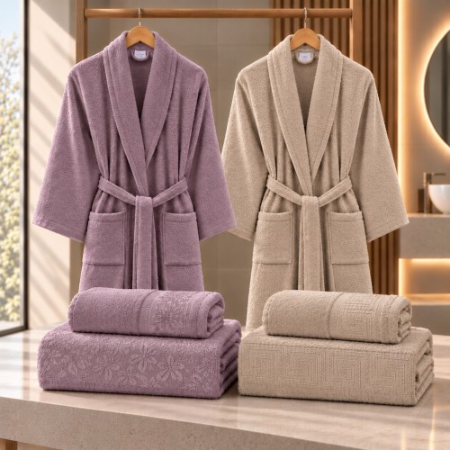 Σετ Μπουρνούζια 6τμχ Βαμβακερό Family onesize Μωβ - Μπεζ BOXF00-PRPBG