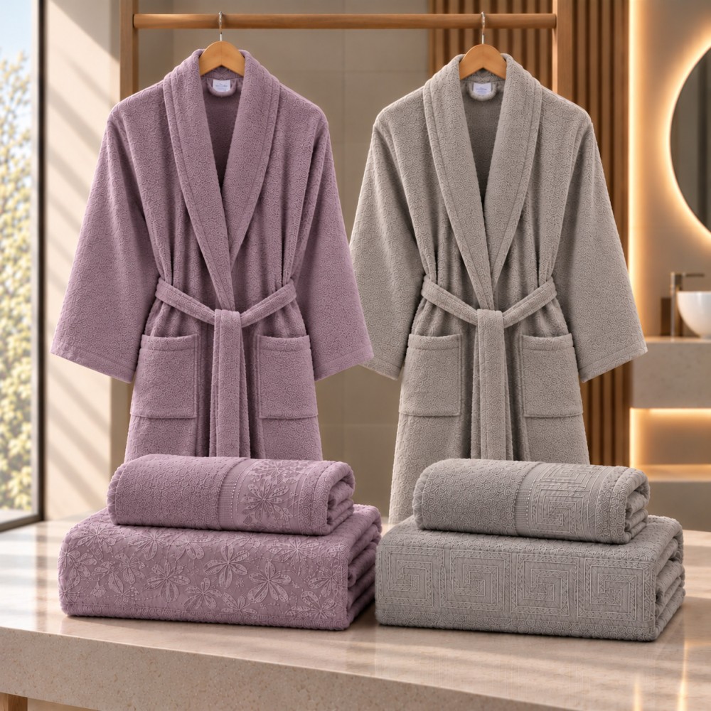Σετ Μπουρνούζια 6τμχ Βαμβακερό Family onesize Μωβ - Γκρι BOXF00-PRPGR
