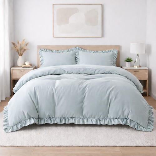 Σετ Υπέρδιπλη Παπλωματοθήκη 200x220cm με Βολάν Kokosh Γκρι - Πράσινο (6 Τεμ) KOKOSH-GR-N