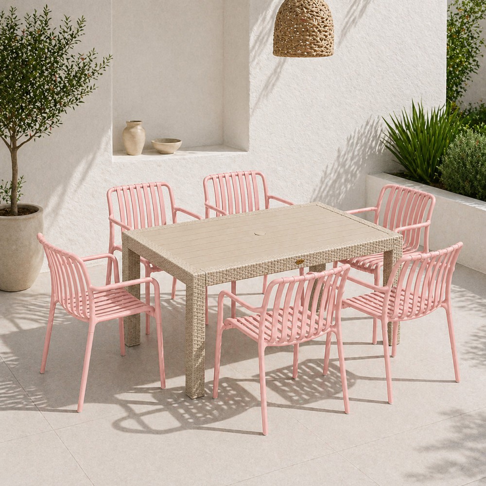 Σετ (7τμχ) Τραπεζαρία Κήπου και Βεράντας Moda (150x90x75) GRD549-150-7-BGPN Μπεζ-Ροζ