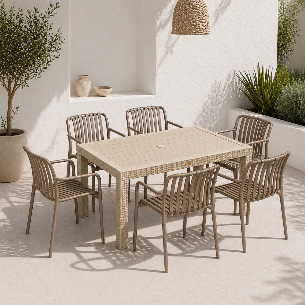 Σετ (7τμχ) Τραπεζαρία Κήπου και Βεράντας Moda (150x90x75) GRD549-150-7-BGVZ Μπεζ-Βιζον