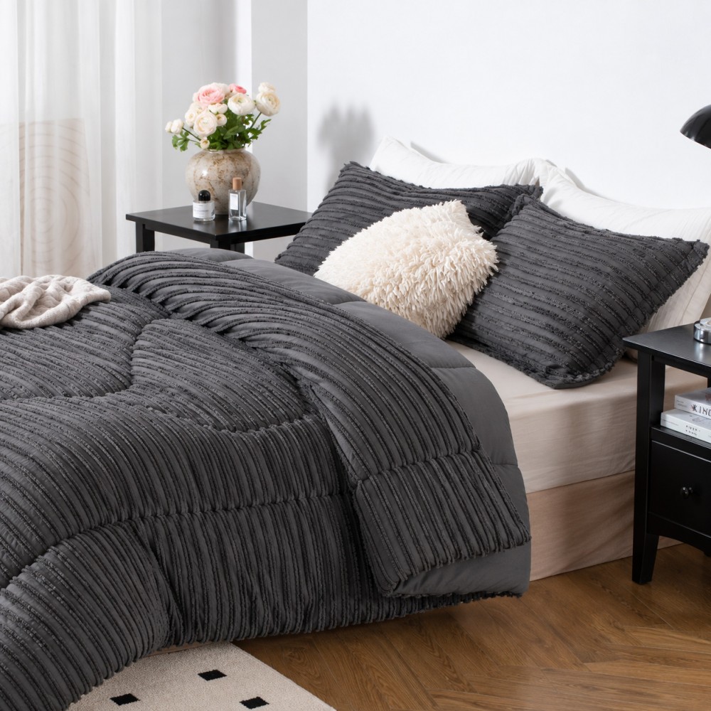 1 + 1 Δώρο Υπέρδιπλο Σετ Πάπλωμα 3τμχ Ruffles 220X240cm Ανθρακί (220X240cm) QLS-D-ANT