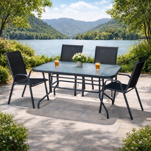 Σετ (5τμχ) Μεταλλική Τραπεζαρία Κήπου με Τζάμι Ασφαλείας & 4 Καρέκλες με μαύρο κάθισμα και ανθαρακί μέταλλο Luma (120x60x70cm) GRDANDROS-LUMA-5-ANTBL Ανθρακί-Μαύρο