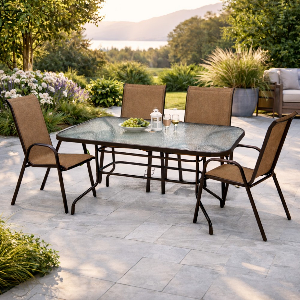 Σετ (5τμχ) Μεταλλική Τραπεζαρία Κήπου με Τζάμι Ασφαλείας Luma (120x60x70cm) GRDANDROS-LUMA-5-BR Καφέ