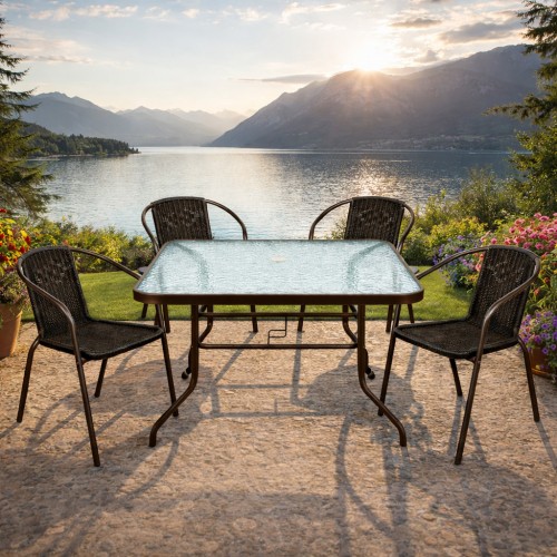 Σετ (5τμχ) Μεταλλική Τραπεζαρία Κήπου και Βεράντας με Τζάμι Ασφαλείας Luma (120x60x70cm) GRDWICKER-LUMA-5-BR Καφέ