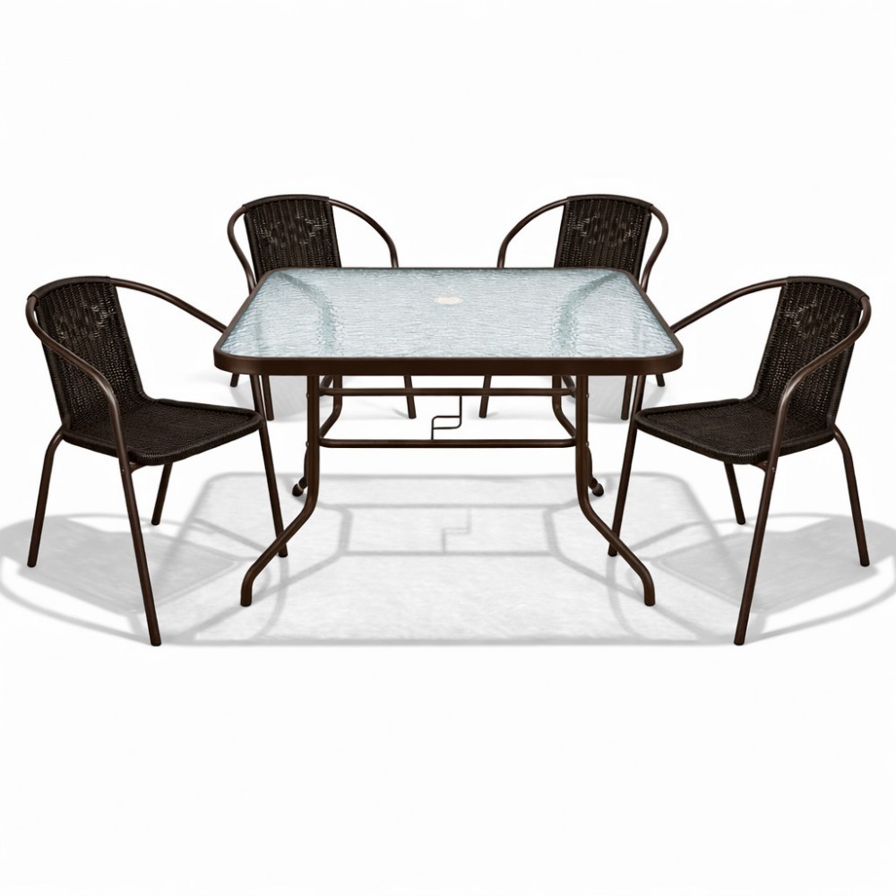 Σετ (5τμχ) Μεταλλική Τραπεζαρία Κήπου και Βεράντας με Τζάμι Ασφαλείας Luma (120x60x70cm) GRDWICKER-LUMA-5-BR Καφέ