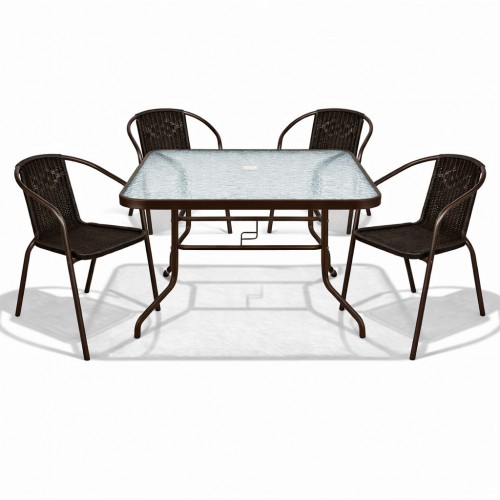 Σετ (5τμχ) Μεταλλική Τραπεζαρία Κήπου και Βεράντας με Τζάμι Ασφαλείας Luma (120x60x70cm) GRDWICKER-LUMA-5-BR Καφέ