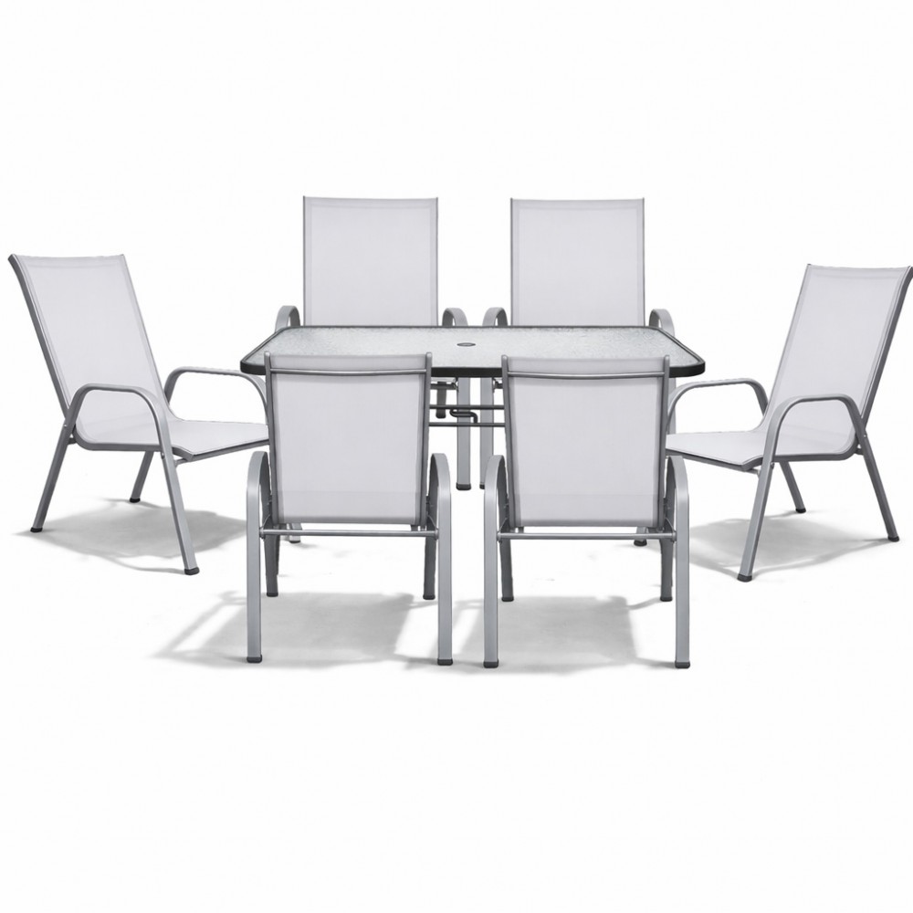 Σετ (7τμχ) Μεταλλική Τραπεζαρία Κήπου και Βεράντας με Τζάμι Ασφαλείας Luma Ανθρακί & 2 Αποσπώμενες Καρέκλες Ανοιχτό γκρι (150x90x70) GRDANDROS-LUMA-150-7-ANTLGR