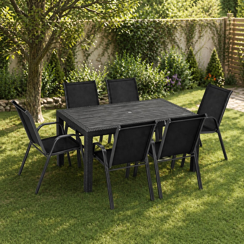 Σετ (7τμχ) Τραπεζαρία κήπου και Βεράντας Rattan (150x90x75) GRDANDROS-RATTAN-150-7-ANTBL Μαύρο-Ανθρακί