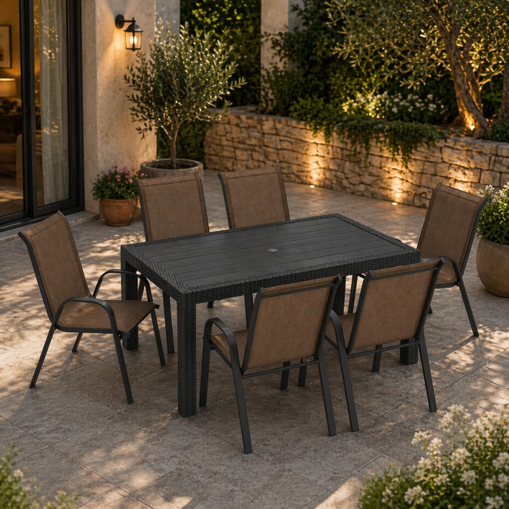 Σετ (7τμχ) Τραπεζαρία κήπου και Βεράντας Rattan (150x90x75) GRDANDROS-RATTAN-150-7-BR Καφέ