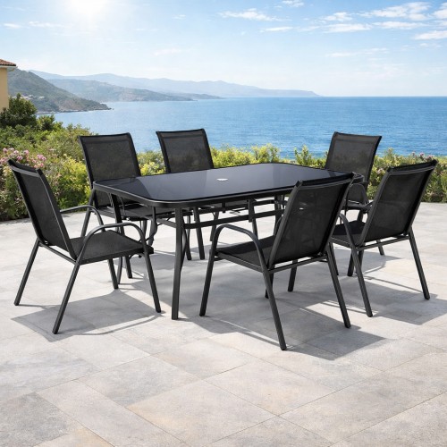 Σετ (7τμχ) Μεταλλική Τραπεζαρία Κήπου και Βεράντας με μαύρο τζάμι και μαυρη καρέκλα με ανθρακί μέταλλο Andros (140x85x70) GRDF1131-140-7-ANTBL Μαύρο-Ανθρακί