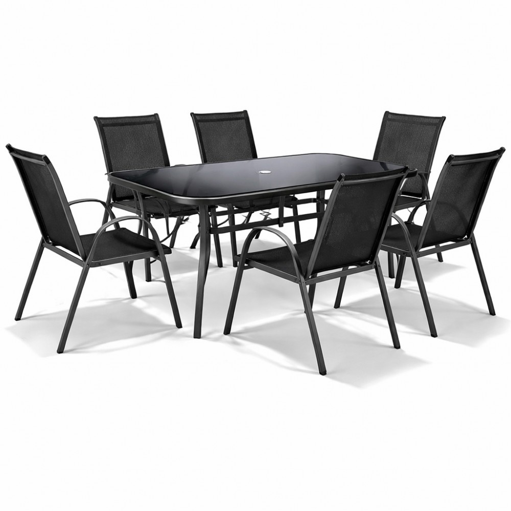 Σετ (7τμχ) Μεταλλική Τραπεζαρία Κήπου και Βεράντας με μαύρο τζάμι και μαυρη καρέκλα με ανθρακί μέταλλο Andros (140x85x70) GRDF1131-140-7-ANTBL Μαύρο-Ανθρακί