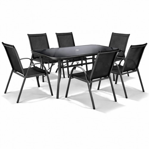 Σετ (7τμχ) Μεταλλική Τραπεζαρία Κήπου και Βεράντας με μαύρο τζάμι και μαυρη καρέκλα με ανθρακί μέταλλο Andros (140x85x70) GRDF1131-140-7-ANTBL Μαύρο-Ανθρακί
