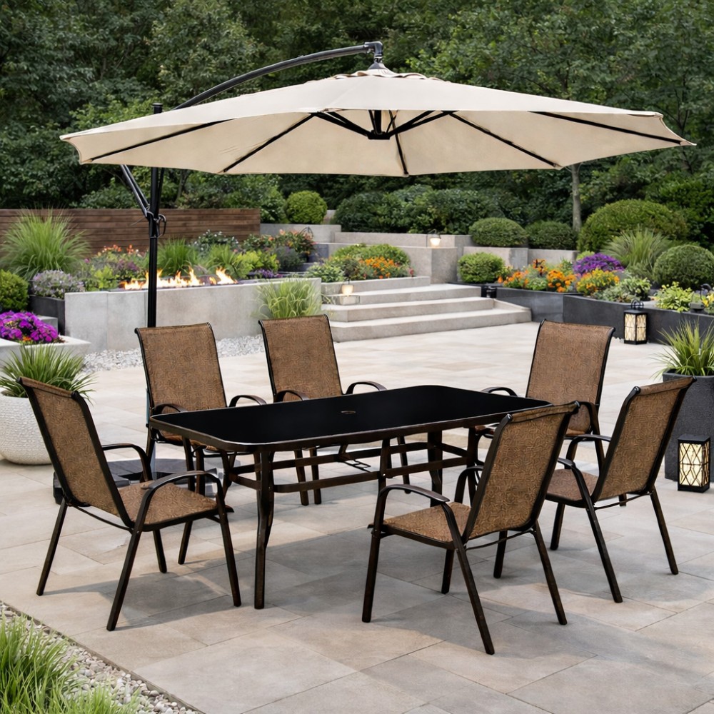 Σετ (7τμχ) Μεταλλική Τραπεζαρία Κήπου και Βεράντας με μαύρο τζάμι Andros (140x85x70) GRDF1131-140-7-BR Καφέ