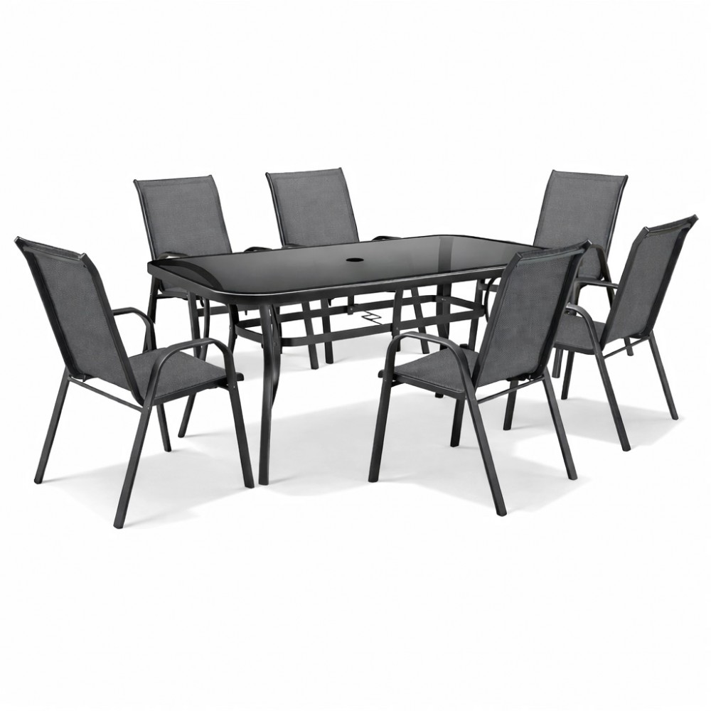 Σετ (7τμχ) Μεταλλική Τραπεζαρία Κήπου και Βεράντας με μαύρο τζάμι Andros (140x85x70) GRDF1131-140-7-ANT Ανθρακί