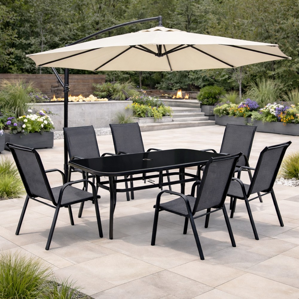 Σετ (7τμχ) Μεταλλική Τραπεζαρία Κήπου και Βεράντας με μαύρο τζάμι Andros (140x85x70) GRDF1131-140-7-ANT Ανθρακί