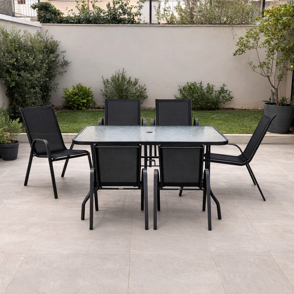 Σετ (7τμχ) Μεταλλική Τραπεζαρία Κήπου και Βεράντας με Τζάμι Ασφαλείας Luma (150x90x70) GRDANDROS-LUMA-150-7-ANTBL Μαύρο-Ανθρακί