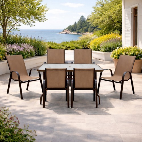 Σετ (7τμχ) Μεταλλική Τραπεζαρία Κήπου και Βεράντας με Τζάμι Ασφαλείας Luma (150x90x70) GRDANDROS-LUMA-150-7-BR Καφέ
