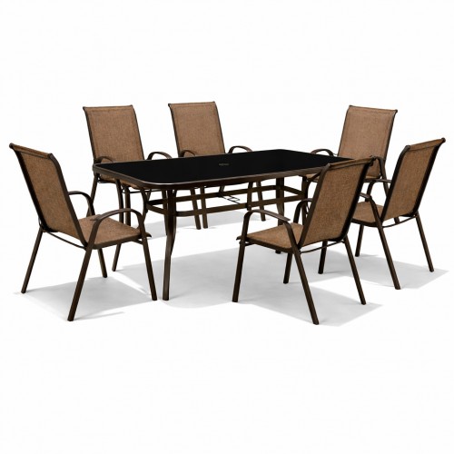 Σετ (7τμχ) Μεταλλική Τραπεζαρία Κήπου και Βεράντας με μαύρο τζάμι Andros (140x85x70) GRDF1131-140-7-BR Καφέ