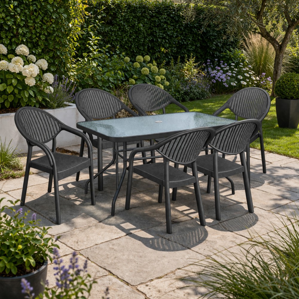 Σετ (7τμχ)  Μεταλλική Τραπεζαρία Κήπου και Βεράντας με Τζάμι Ασφαλείας Luma (150x90x70) GRDATLANTIS-LUMA-150-7-ANT Ανθρακί