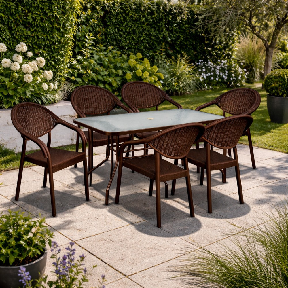 Σετ (7τμχ)  Μεταλλική Τραπεζαρία Κήπου και Βεράντας με Τζάμι Ασφαλείας Luma (150x90x70) GRDATLANTIS-LUMA-150-7-BR Καφέ