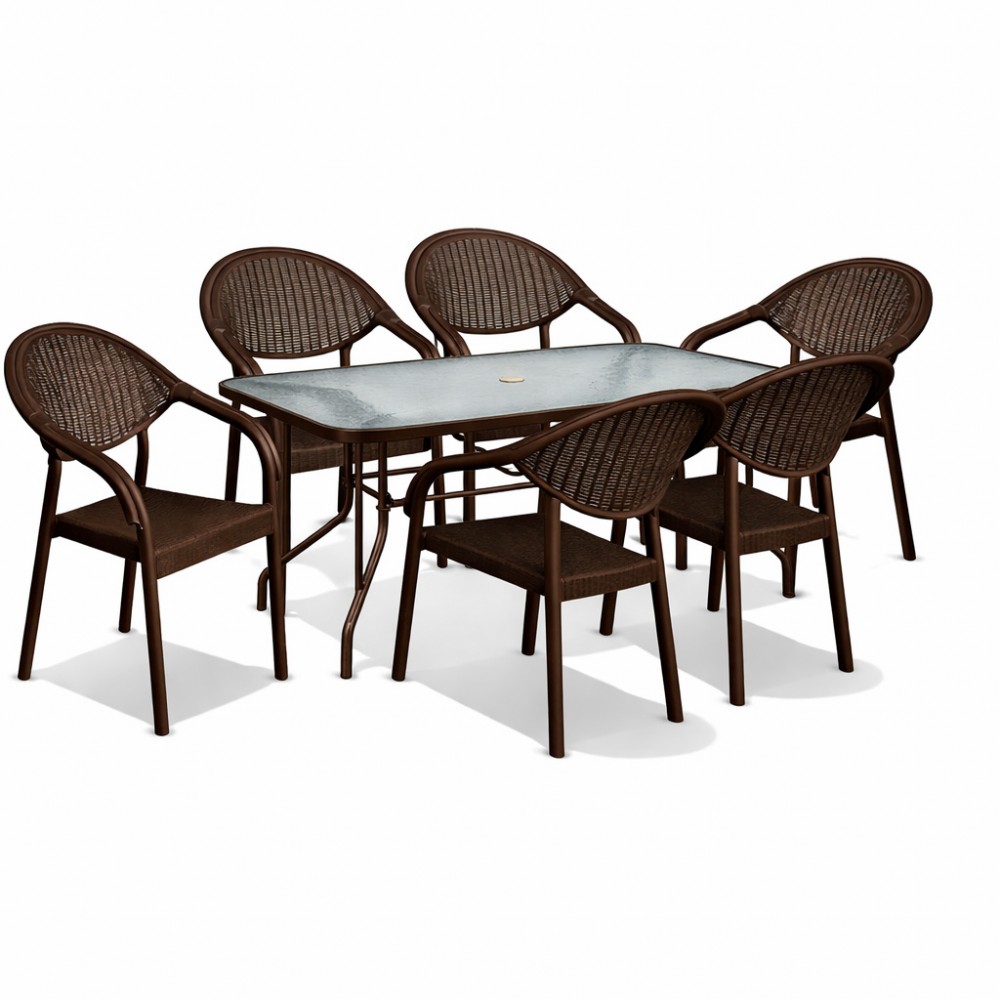 Σετ (7τμχ)  Μεταλλική Τραπεζαρία Κήπου και Βεράντας με Τζάμι Ασφαλείας Luma (150x90x70) GRDATLANTIS-LUMA-150-7-BR Καφέ