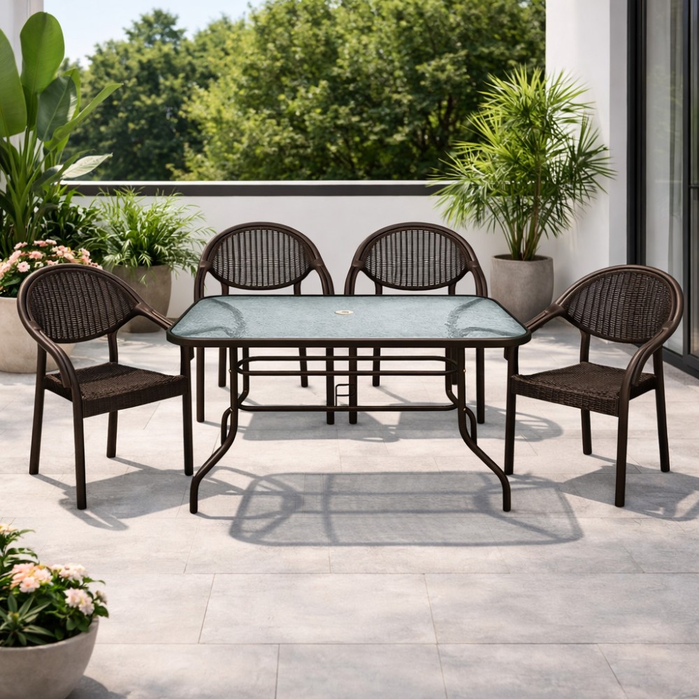 Σετ (5τμχ) Μεταλλική Τραπεζαρία Κήπου και Βεράντας με Τζάμι Ασφαλείας Luma (120x70x70cm) GRDATLANTIS-LUMA-5-BR Καφέ