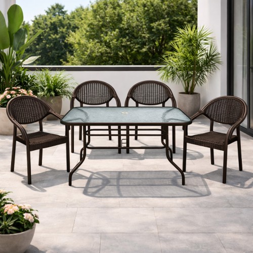 Σετ (5τμχ) Μεταλλική Τραπεζαρία Κήπου και Βεράντας με Τζάμι Ασφαλείας Luma (120x70x70cm) GRDATLANTIS-LUMA-5-BR Καφέ