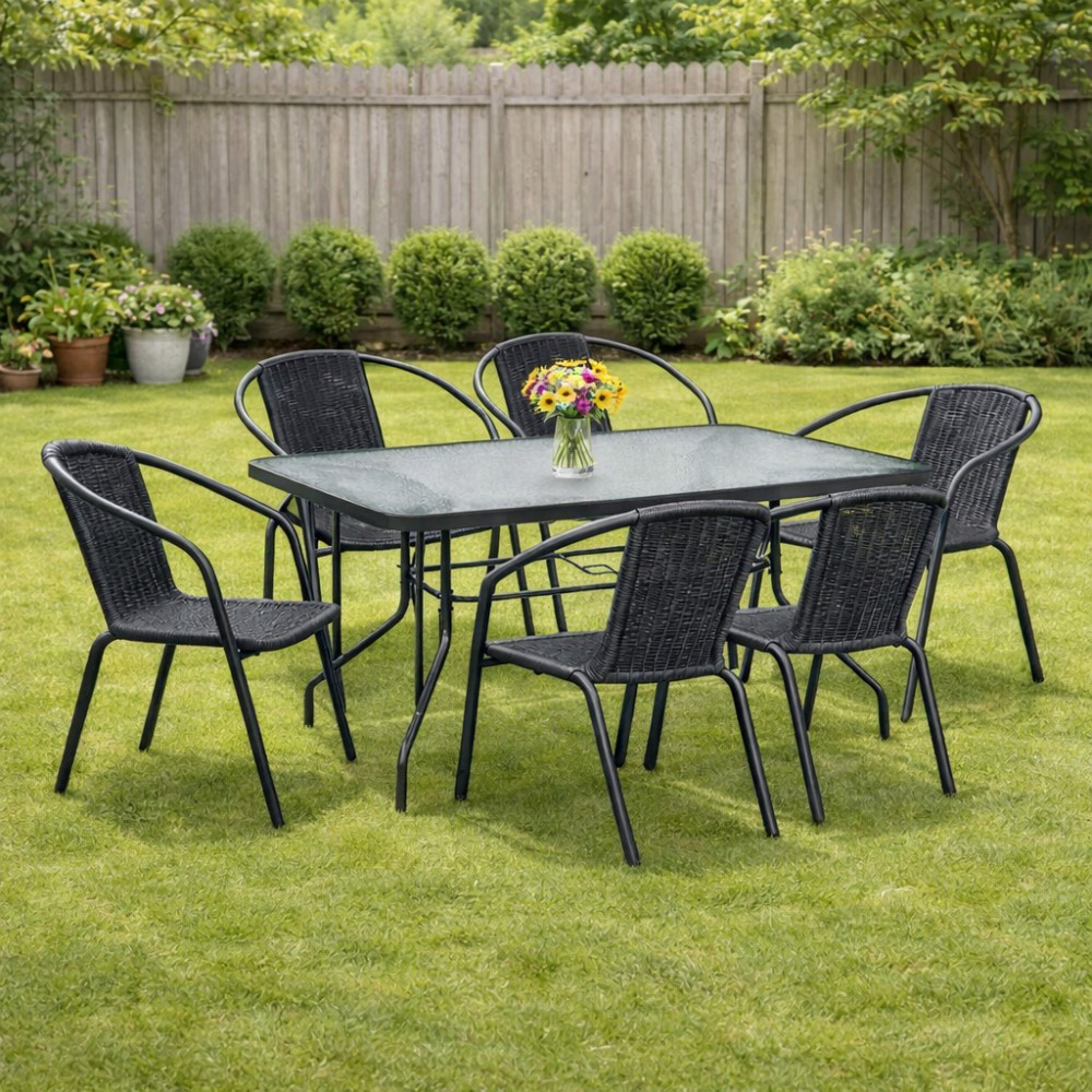 Σετ (7τμχ)  Μεταλλική Τραπεζαρία Κήπου και Βεράντας με Τζάμι Ασφαλείας Luma (150x90x70) GRDWICKER-LUMA-150-7-ANT Ανθρακί