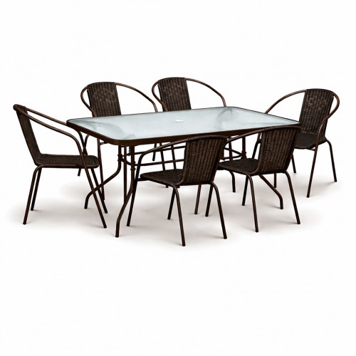 Σετ (7τμχ)  Μεταλλική Τραπεζαρία Κήπου και Βεράντας με Τζάμι Ασφαλείας Luma (150x90x70) GRDWICKER-LUMA-150-7-BR Καφέ