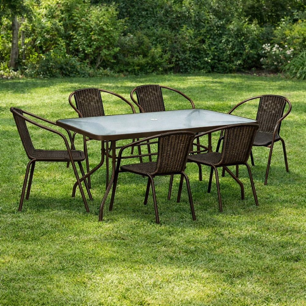 Σετ (7τμχ)  Μεταλλική Τραπεζαρία Κήπου και Βεράντας με Τζάμι Ασφαλείας Luma (150x90x70) GRDWICKER-LUMA-150-7-BR Καφέ