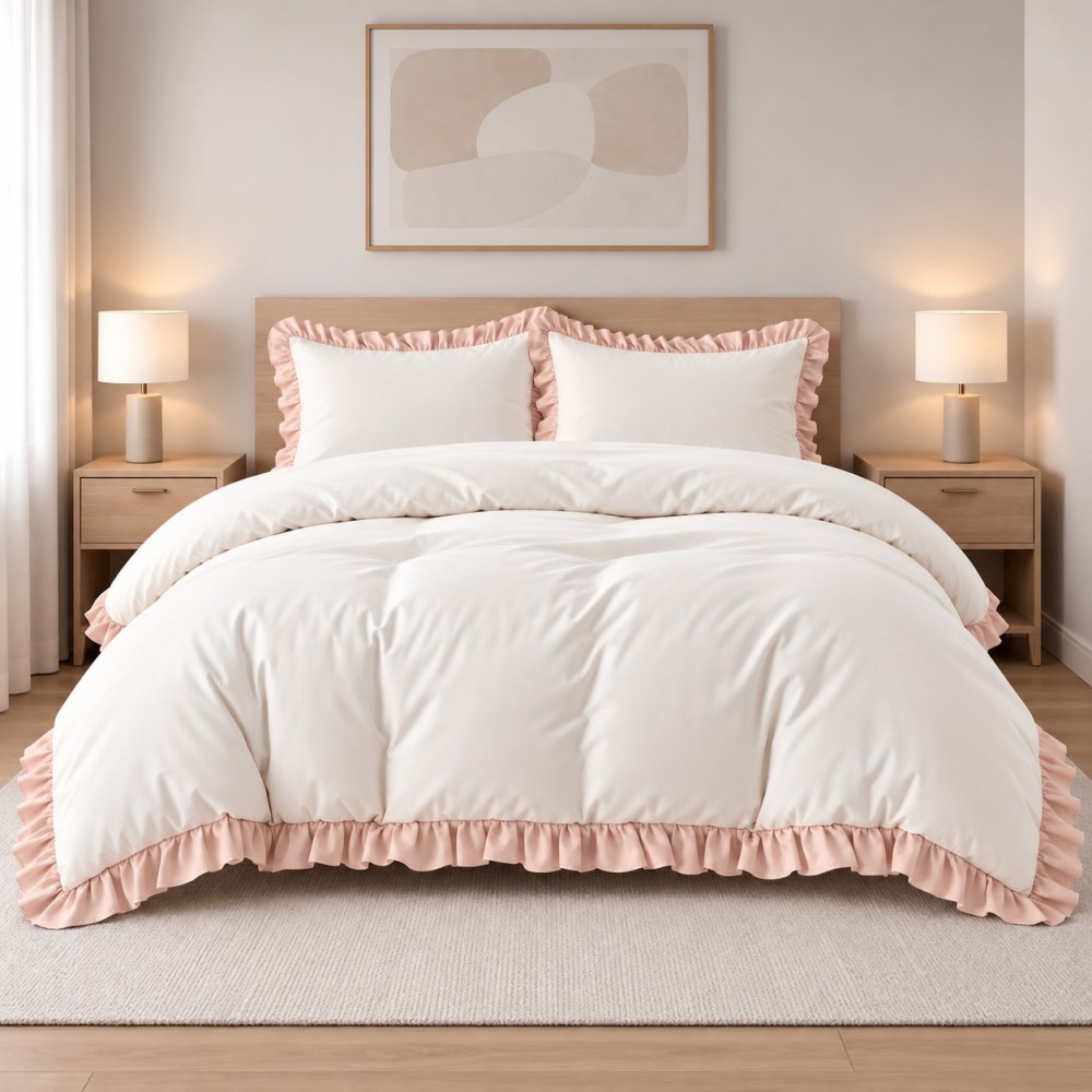 Σετ Υπέρδιπλη Παπλωματοθήκη 200x220cm με Βολάν Kokosh Ιβουάρ – Ροζ Πούδρας (6 Τεμ) KOKOSH-IVPN