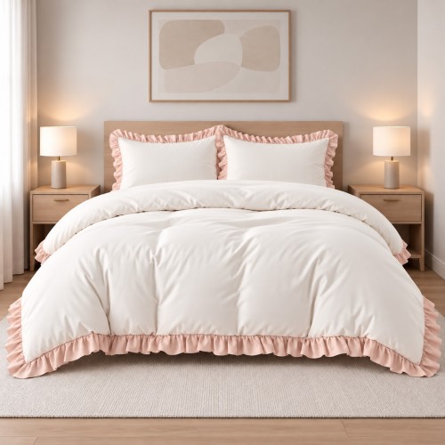 Σετ Υπέρδιπλη Παπλωματοθήκη 200x220cm με Βολάν Kokosh Ιβουάρ – Ροζ Πούδρας (6 Τεμ) KOKOSH-IVPN