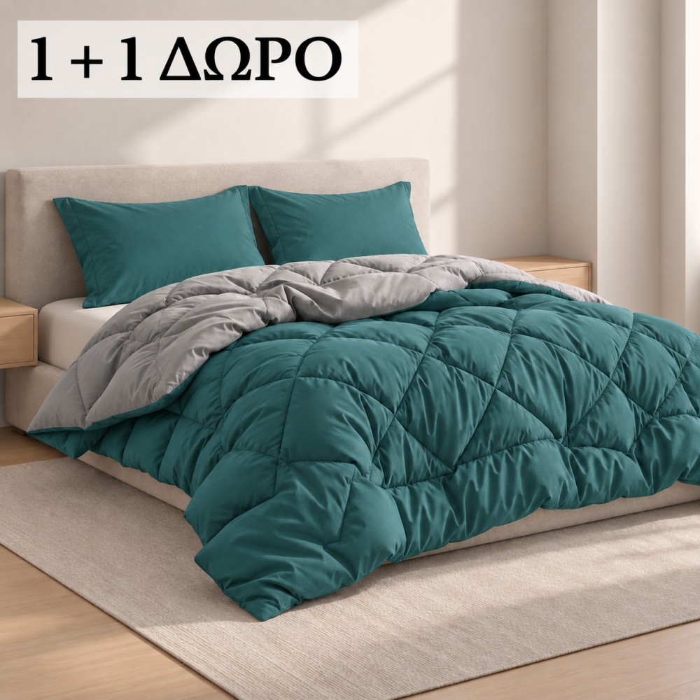 1 + 1 Δώρο Υπέρδιπλο Πάπλωμα με Δώρο σετ σεντόνια Microfiber Πετρόλ με Γκρι 220X240cm QLM-PTR