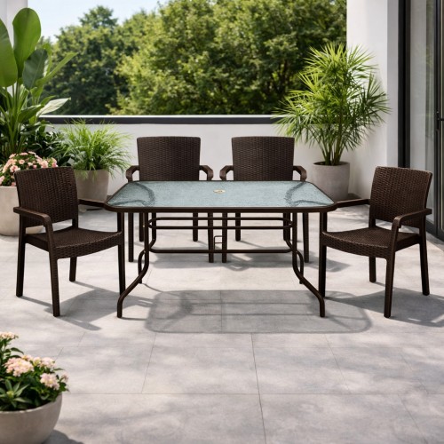 Σετ (5τμχ) Μεταλλική Τραπεζαρία Κήπου και Βεράντας με Τζάμι Ασφαλείας Luma (120x70x70cm) GRDRIO-LUMA-5-BR Καφέ