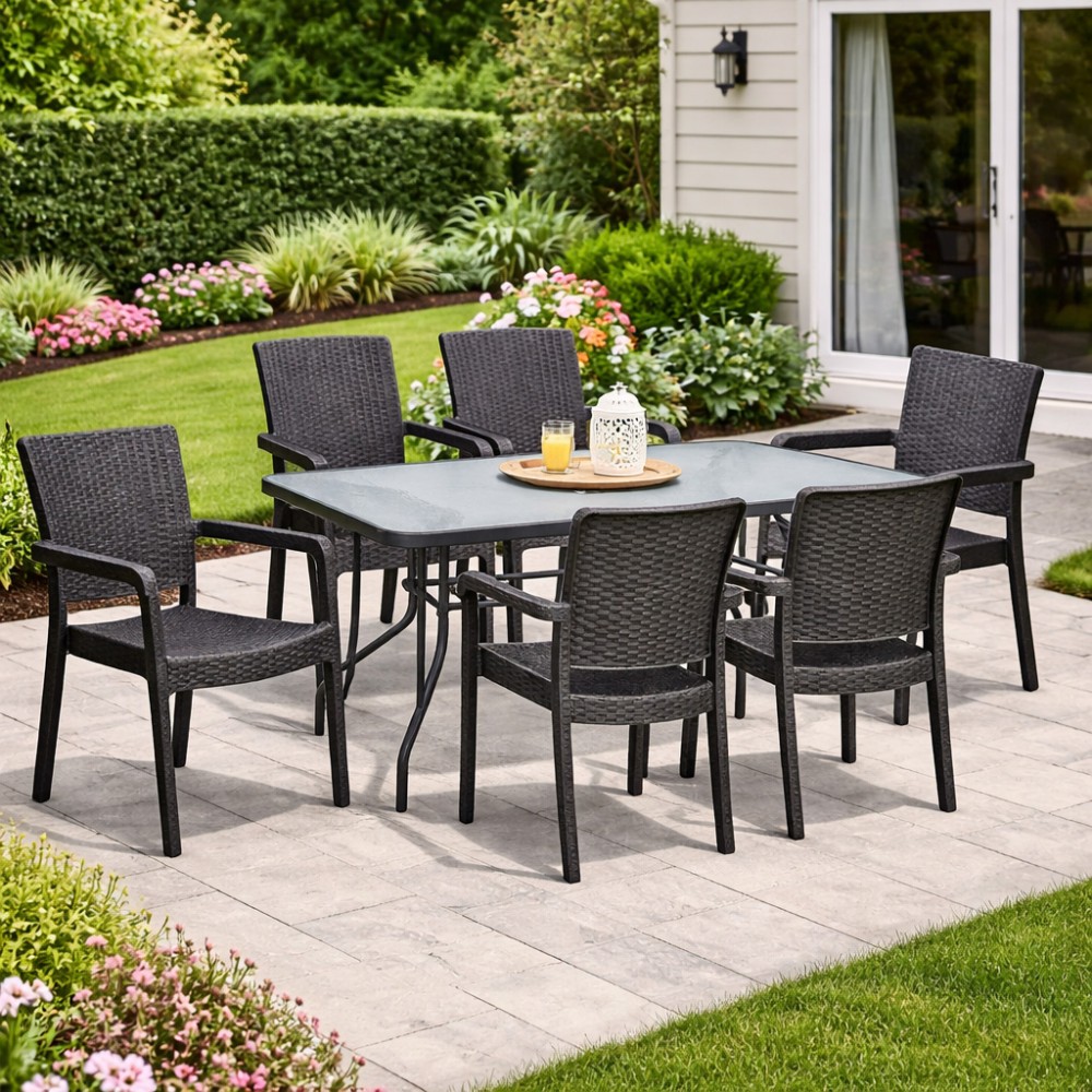 Σετ (7τμχ)  Μεταλλική Τραπεζαρία Κήπου και Βεράντας με Τζάμι Ασφαλείας Luma (150x90x70) GRDRIO-LUMA-150-7-ANT Ανθρακί