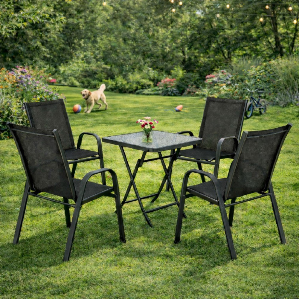 Σετ (5τμχ) Πτυσσόμενο Τραπέζι με Τζάμι Ασφαλείας & 4 Καρέκλες με μαύρο κάθισμα και ανθαρακί μέταλλο Andros 50x50x70cm Ανθρακί-Μαύρο GRD011-ANDROS-5-ANTBL