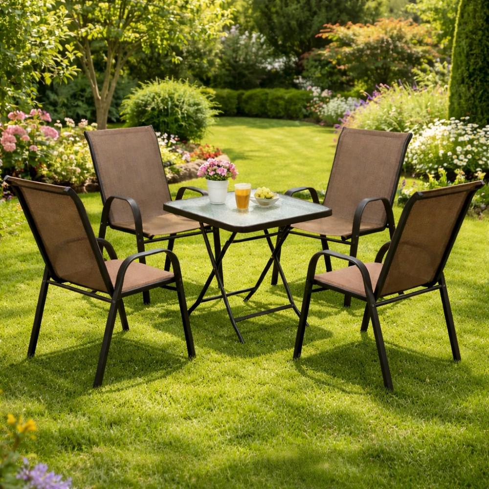 Σετ (5τμχ) Πτυσσόμενο Τραπέζι με Τζάμι Ασφαλείας & 4 Καρέκλες Andros 50x50x70 Καφέ GRD011-ANDROS-5-BR