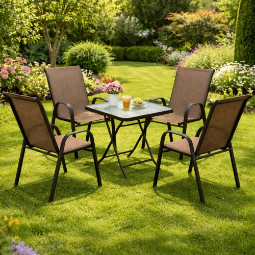Σετ (5τμχ) Πτυσσόμενο Τραπέζι με Τζάμι Ασφαλείας & 4 Καρέκλες Andros 50x50x70 Καφέ GRD011-ANDROS-5-BR