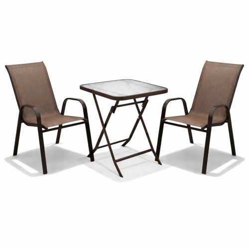 Σετ (3τμχ) Πτυσσόμενο Τραπέζι με Τζάμι Ασφαλείας & 2 Καρέκλες Andros 50x50x70 Καφέ GRD011-ANDROS-BR